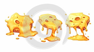 Cartoon mellow cheese pieces with dripping stretches, for pizza, sandwiches and pasta, cheesy texture flow, melted food