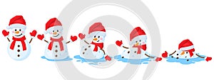 Cartoon melted snowman. Snowmen melting stages, winter funny melts snowman cartoon vector illustration set. Christmas