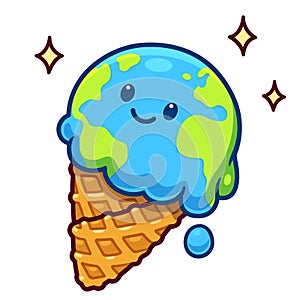 Cartoon melting Earth ice cream cone