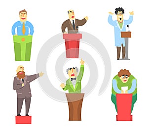 Cartoon men characters giving speech from tribune. Public speakers. University lecturers, student and politician. Flat