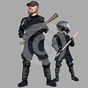 Cartoon men in special clothes police officers in bulletproof vests