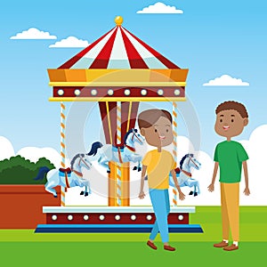 Cartoon men standing over horses carousel