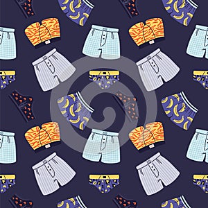 Cartoon men underwear seamless pattern. Boys undergarment. Male trunks and shorts with funny prints. Cotton underclothes