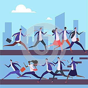 Cartoon men and women run to work vector illustration. Business success concept