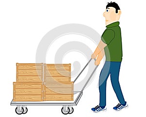Cartoon men worker carrying boxes on pushcart