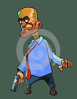 Cartoon menacing man in a shirt with a tie stands with a gun in his hand