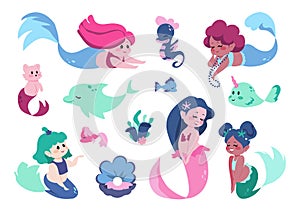 Cartoon mermaid. Cute faire tale character. Seamaid princess with tail. Girl swimming underwater. Sea animals and fish