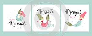 Cartoon mermaid. Cute little underwater character, princess with fish tail, adorable ocean fantasy creature, kids fairy tale girl