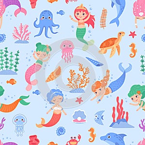 Cartoon mermaid pattern. Mermaids seamless wallpaper for childish clothes or paper print, repeat fairy cute girl sea