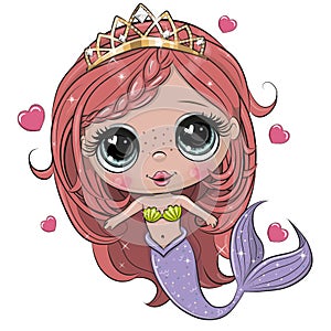 Cartoon Mermaid with pink hair on a white background