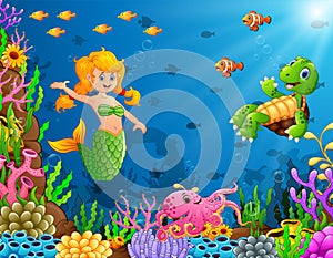 Cartoon mermaid underwater with turtle and octopus