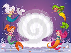 Cartoon mermaids swimming around open shell.