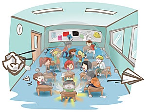 Cartoon messy school classroom full of naughty kid student