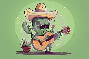 Cartoon Mexican Cactus playing guitar