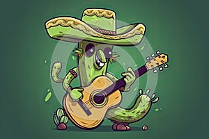 Cartoon Mexican Cactus playing guitar