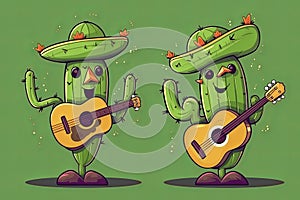 Cartoon Mexican Cactus playing guitar