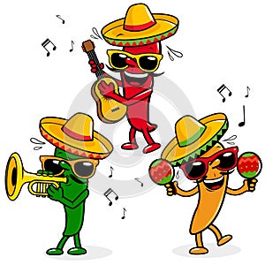 Cartoon Mexican mariachi chili peppers, playing music. Vector illustration