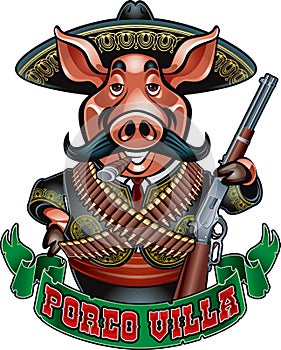 Cartoon mexican pig bandit holding gun