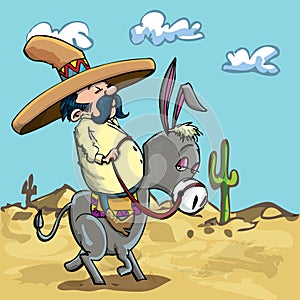 Cartoon Mexican riding a donkey in the desert