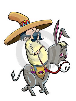 Cartoon Mexican wearing a sombrero riding a donkey