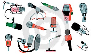 Cartoon mic set. Microphones for stage performance, studio recording, audio podcast broadcast, karaoke vocal, music