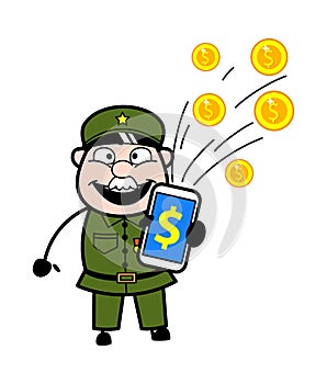 Cartoon Military Man showing Mobile Money