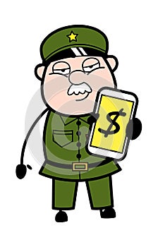 Cartoon Military Man Showing Money in Cell Phone