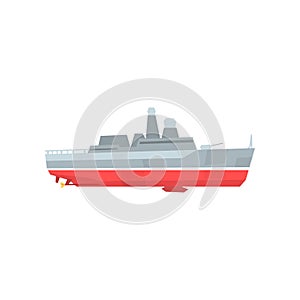 Cartoon military tanker. Navy warship with radars and cannon. Colored boat icon. Flat vector design Graphic element for