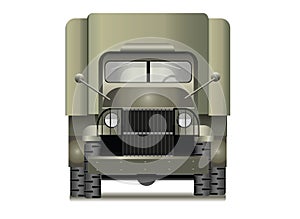 Cartoon military truck, front view, realistic vector illustration, wwII vehicle concept art