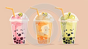 Cartoon milk tea bubble drink icon. Ice boba sugar milkshake dessert clipart for taiwanese menu. Fruit sweet bubbletea photo