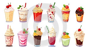 Cartoon milkshakes with cream, fruits and berries. Isolated sweet dessert drinks. Children menu in cafe or bar, tasty