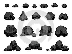 Cartoon mine black coal pieces and piles, burning material. Charcoal lumps for fire, natural energy power production