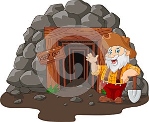 Cartoon mine entrance with gold miner holding shovel