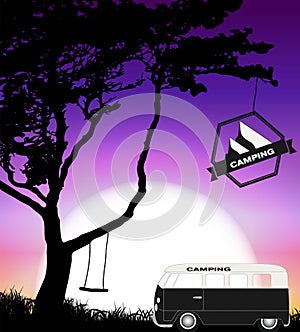Cartoon Minibus in Nature a Tree Silhouette. Vector Illustration
