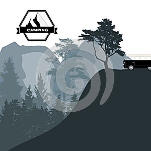 Cartoon Minibus in Nature a Tree Silhouette. Vector Illustration