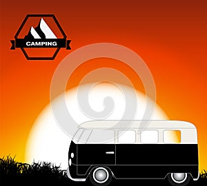Cartoon Minibus in Nature a Tree Silhouette. Vector Illustration