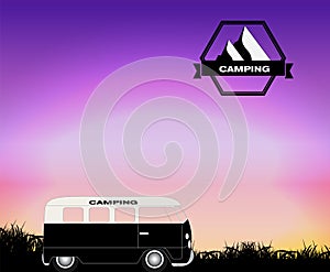 Cartoon Minibus in Nature a Tree Silhouette. Vector Illustration