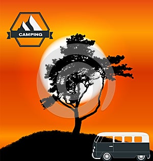Cartoon Minibus in Nature a Tree Silhouette. Vector Illustration