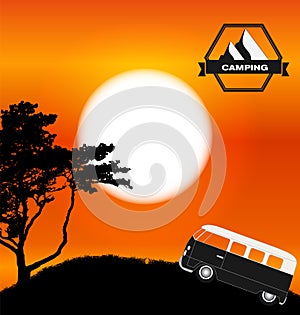 Cartoon Minibus in Nature a Tree Silhouette. Vector Illustration