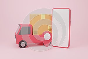 Cartoon minimal delivery truck loaded with a cardboard box and smartphone cargo box logistics