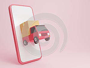 Cartoon minimal delivery truck loaded with a cardboard box and smartphone