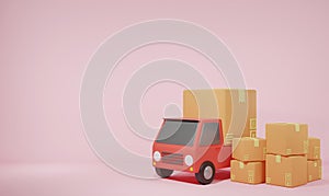 Cartoon minimal delivery truck and postal boxes Transportation shipment