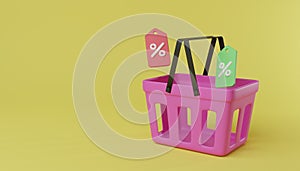 Cartoon minimal shopping basket with discount coupon retail store on e-commerce.