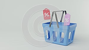 Cartoon minimal shopping basket with discount coupon retail store on e-commerce