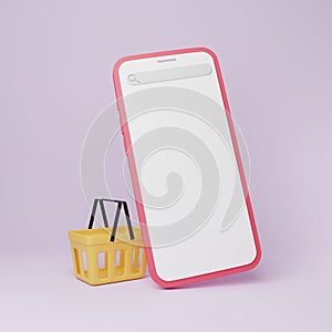 Cartoon minimal Smartphone with blank white screen and shopping basket retail store on e-commerce.