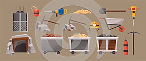 Cartoon mining elements. Mine cave entrance, mining elevator and tools. Wagons with gold and coal vector illustration set