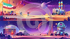 Cartoon Modern banners showing an engineer fixing a rover on the surface of an alien planet with a scientist writing on