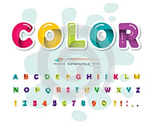 Cartoon modern colorful font. Creative paint ABC letters and numbers. Bright glossy alphabet. Paper cut out. For posters