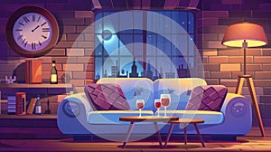 Cartoon modern cozy living room interior with two glasses of wine and two pillows on the table, a vintage clock on the