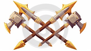 Cartoon modern icon of rows of ancient cross spears or halberds with wooden shafts and yellow metal blades. Illustration